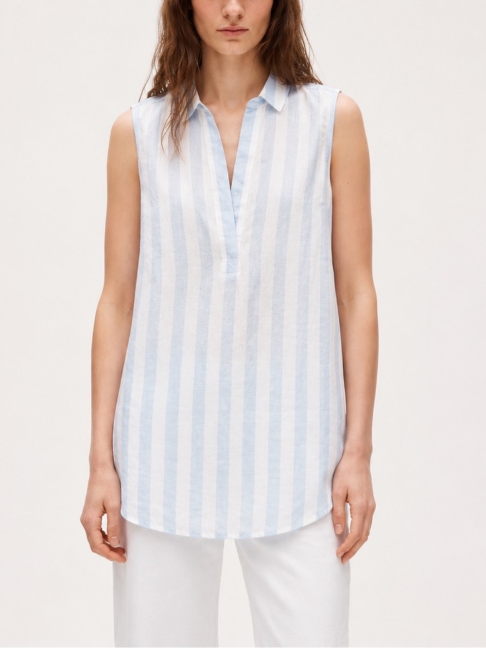 J. Crew Linen Cotton Coastal Light Blue Striped Sleeveless Collar Tank Top